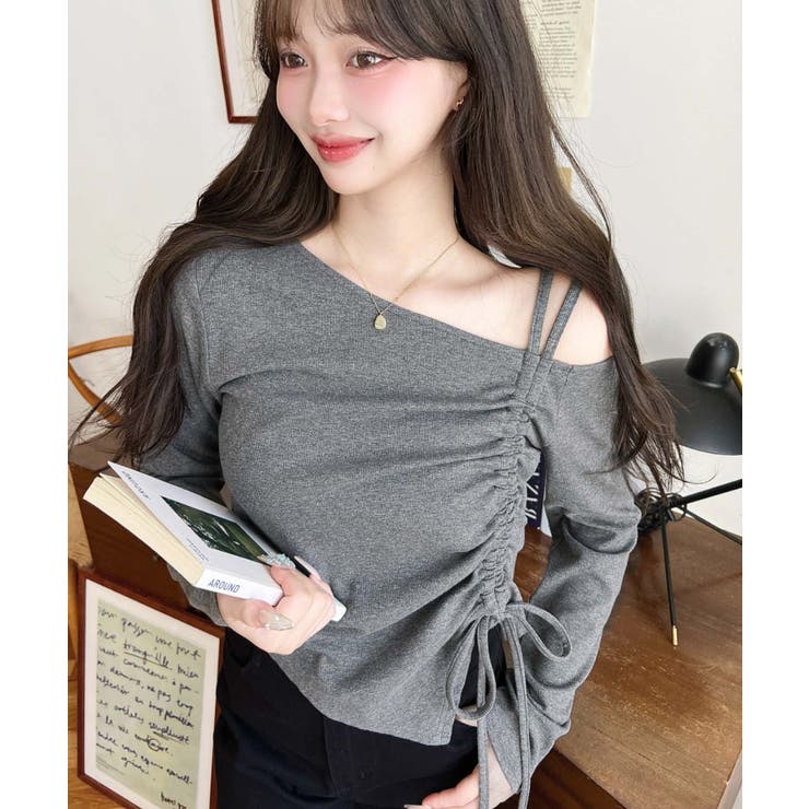 チャコールグレー | ワンショルドロストリボン長袖リブカットソートップス | moment+