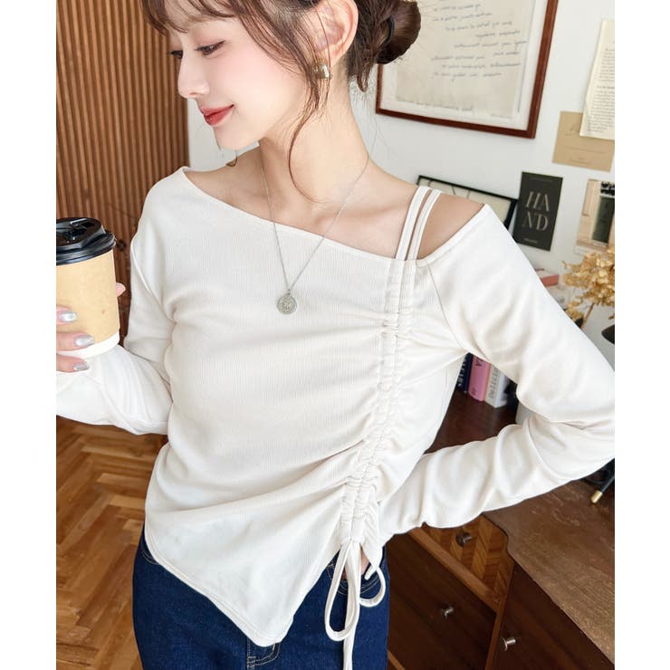 アイボリー | ワンショルドロストリボン長袖リブカットソートップス | moment+