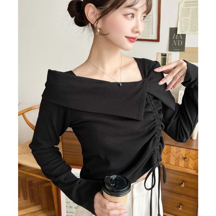 ブラック | アシメカラードロスト長袖リブカットソートップス | moment+