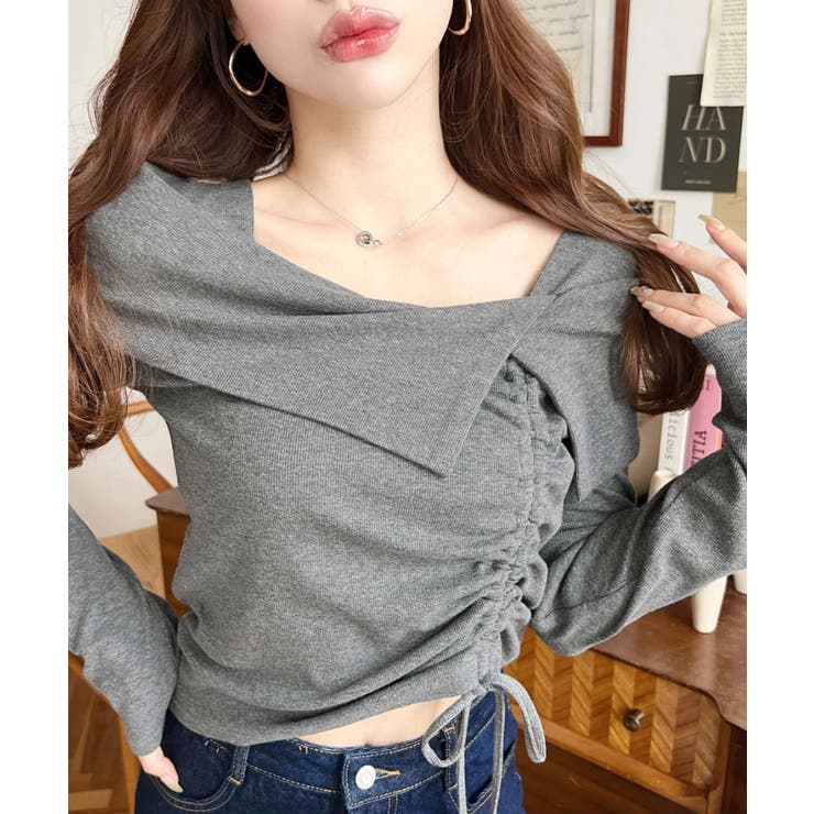 チャコールグレー | アシメカラードロスト長袖リブカットソートップス | moment+