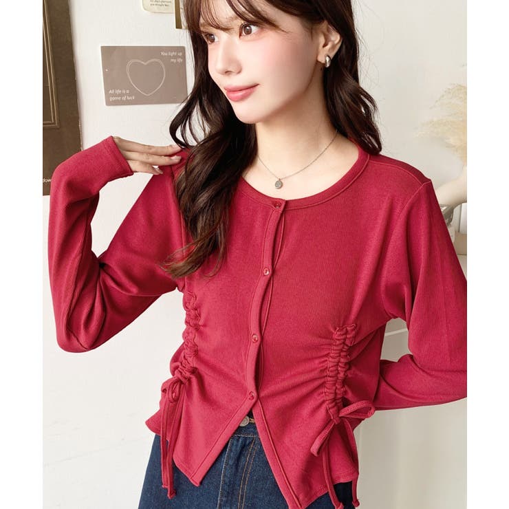 レッド | フロントドロストリブカットソーカーディガン | moment+