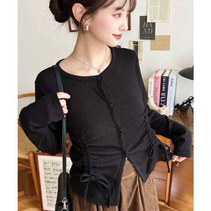 ブラック | フロントドロストリブカットソーカーディガン | moment+