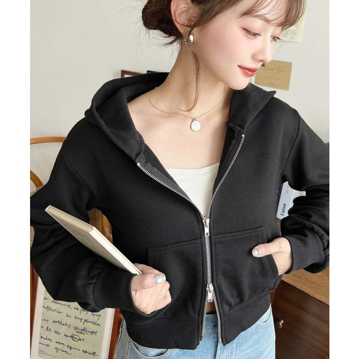 ブラック | ダブルジップショートパーカー | moment+