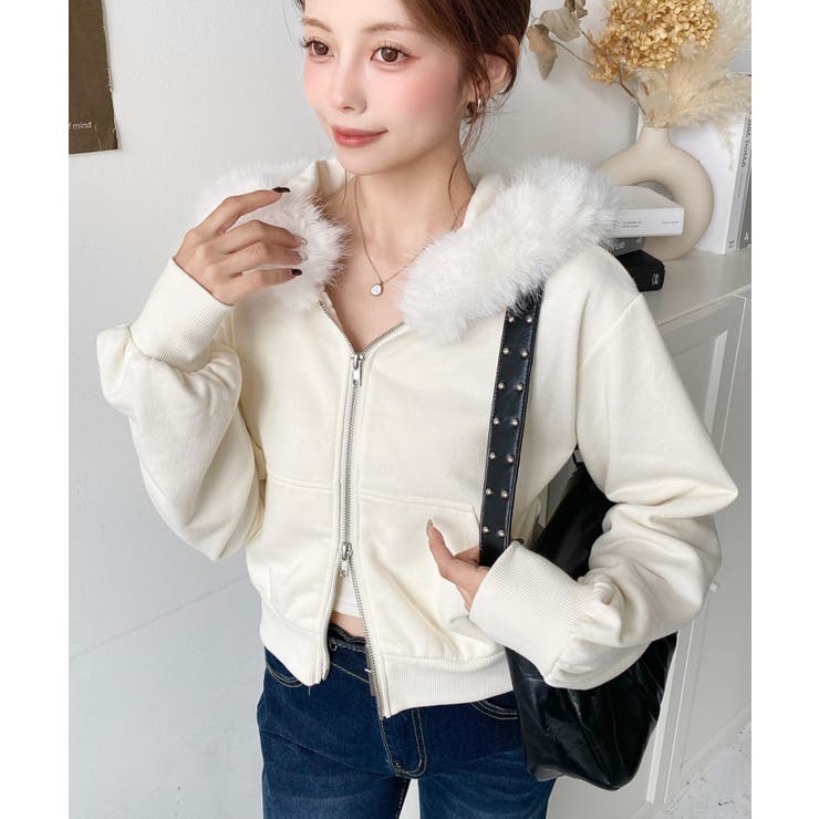 ファーフードダブルジップショートパーカー[品番：ERMW0004064