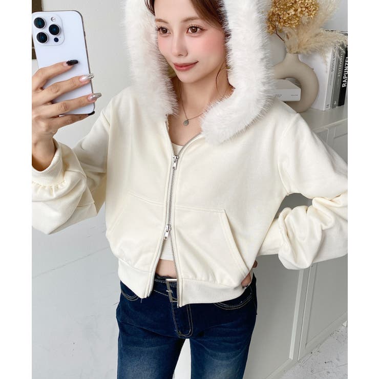 ファーフードダブルジップショートパーカー | moment+ | 詳細画像4 