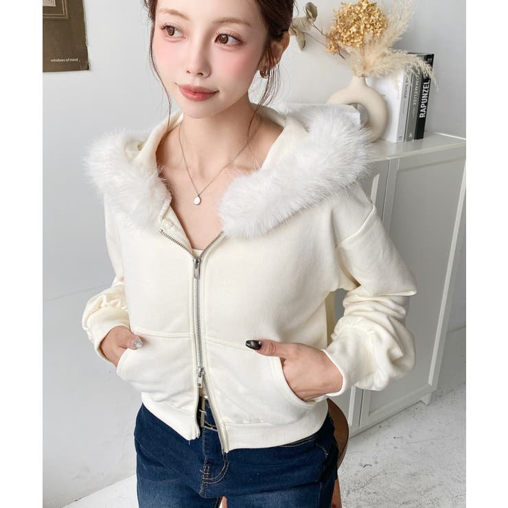 ファーフードダブルジップショートパーカー | moment+ | 詳細画像5 