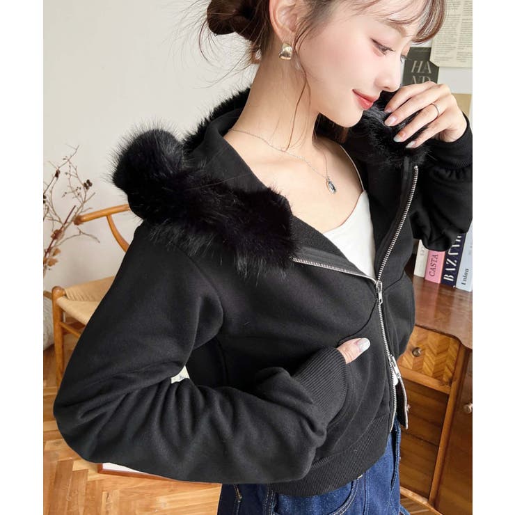 ファーフードダブルジップショートパーカー | moment+ | 詳細画像7 