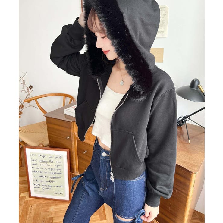 ファーフードダブルジップショートパーカー | moment+ | 詳細画像9 