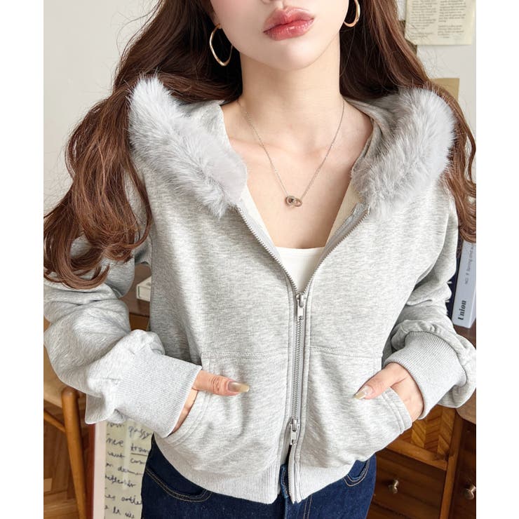 ファーフードダブルジップショートパーカー[品番：ERMW0004064