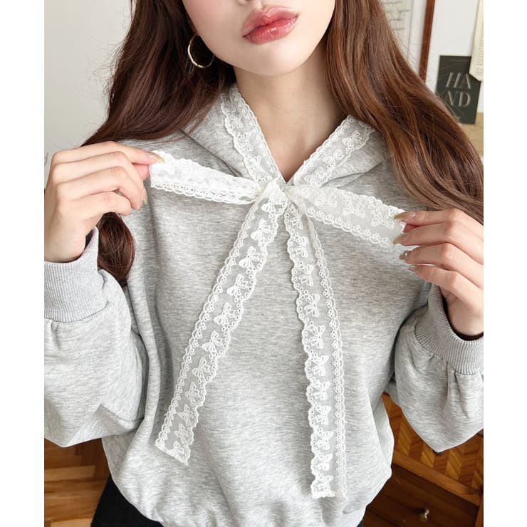 杢グレー | レースリボンショートフーディー | moment+