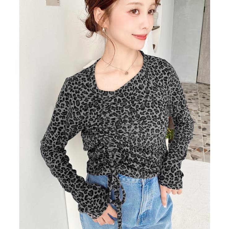 グレー | レオパードプリントアシンメトリードロストトップス | moment+