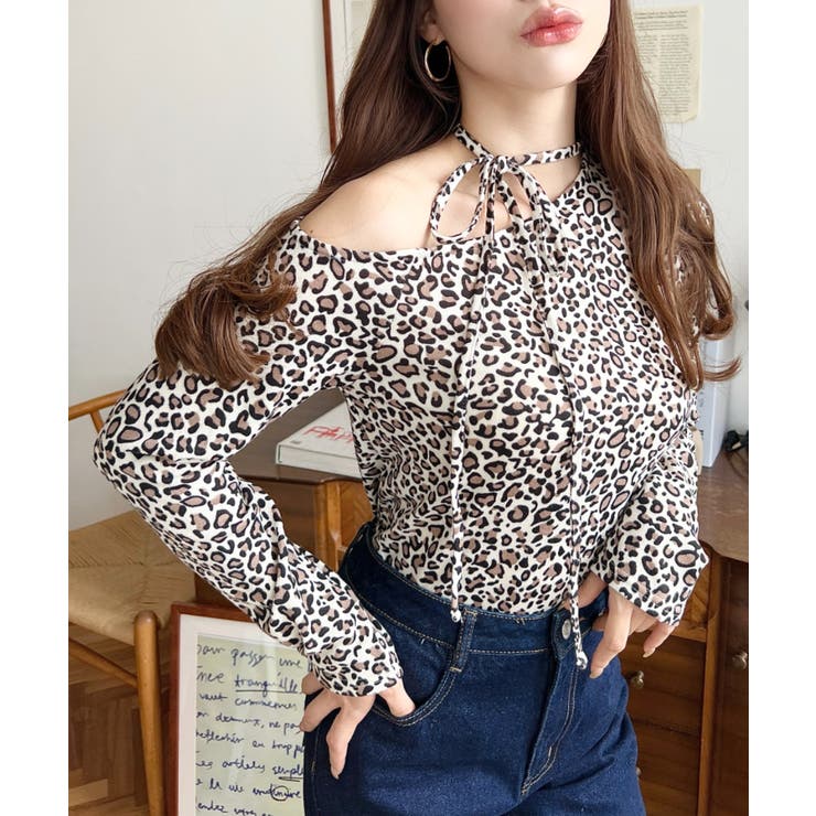 レオパードプリントストラップチョーカーネックワンショルダー長袖プルオーバー | moment+ | 詳細画像19 