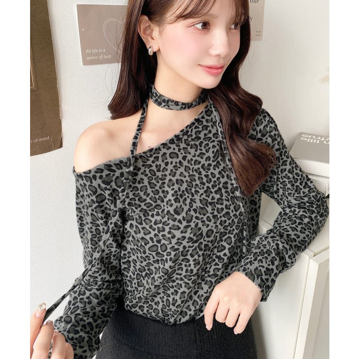 レオパードプリントストラップチョーカーネックワンショルダー長袖プルオーバー | moment+ | 詳細画像5 