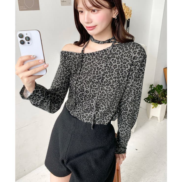 レオパードプリントストラップチョーカーネックワンショルダー長袖プルオーバー | moment+ | 詳細画像6 