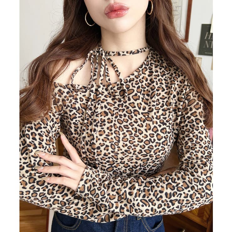 レオパードプリントストラップチョーカーネックワンショルダー長袖プルオーバー | moment+ | 詳細画像9 