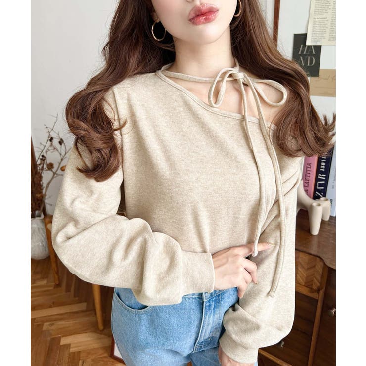 ストラップチョーカーネックリボンアシメワンショルダーニットプルオーバー | moment+ | 詳細画像10 