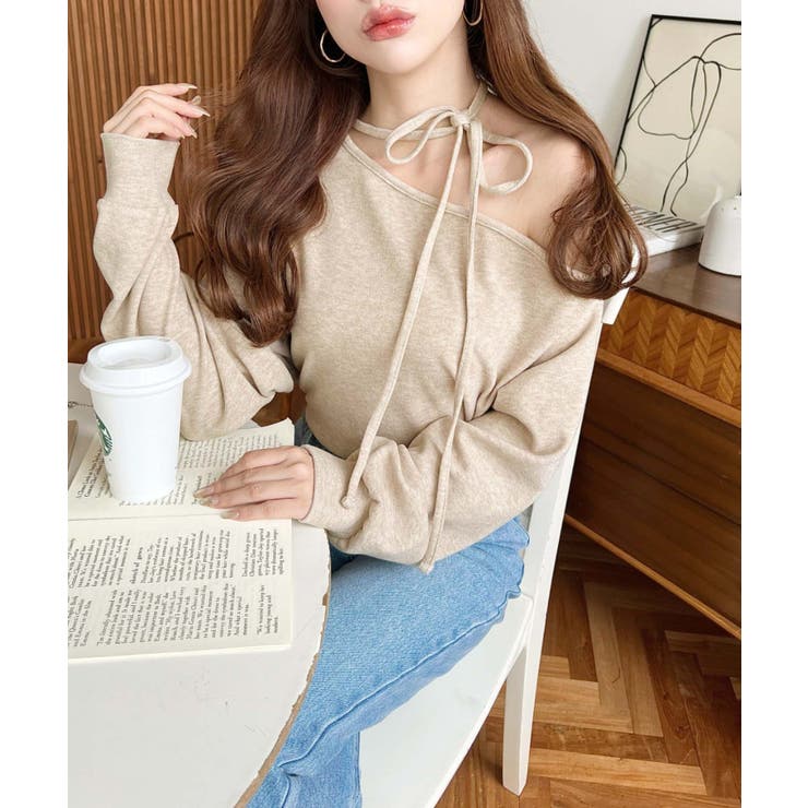 ストラップチョーカーネックリボンアシメワンショルダーニットプルオーバー | moment+ | 詳細画像11 