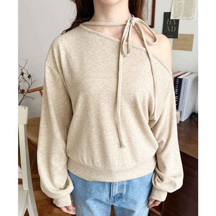 ストラップチョーカーネックリボンアシメワンショルダーニットプルオーバー | moment+ | 詳細画像14 