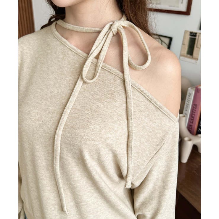 ストラップチョーカーネックリボンアシメワンショルダーニットプルオーバー | moment+ | 詳細画像15 