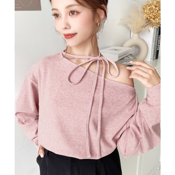 ストラップチョーカーネックリボンアシメワンショルダーニットプルオーバー | moment+ | 詳細画像18 