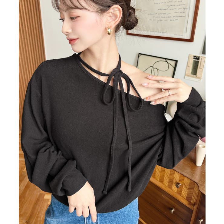 ストラップチョーカーネックリボンアシメワンショルダーニットプルオーバー | moment+ | 詳細画像2 