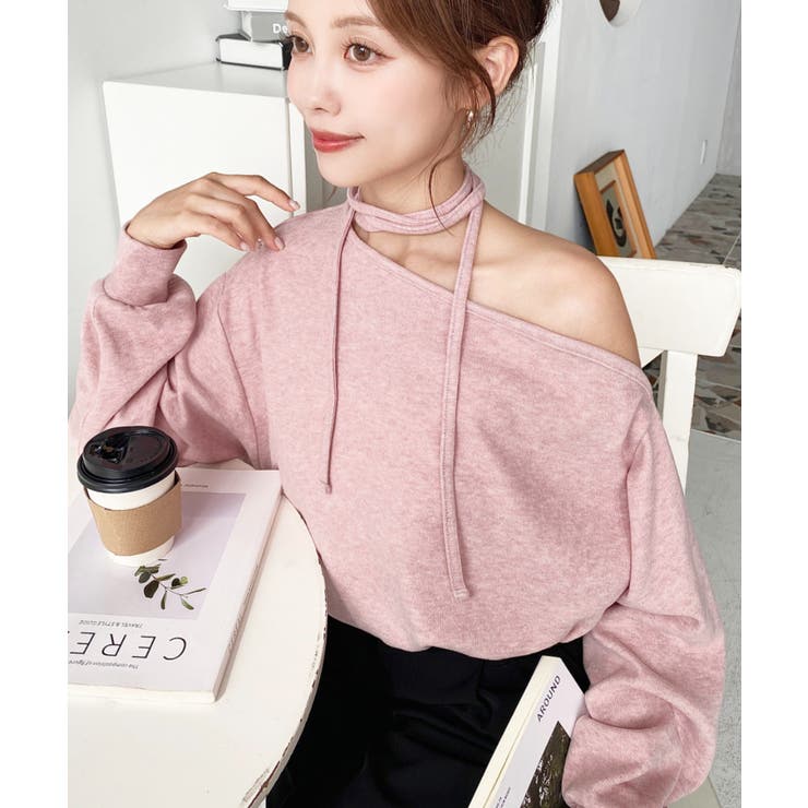 ストラップチョーカーネックリボンアシメワンショルダーニットプルオーバー | moment+ | 詳細画像22 