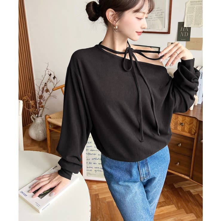 ストラップチョーカーネックリボンアシメワンショルダーニットプルオーバー | moment+ | 詳細画像3 