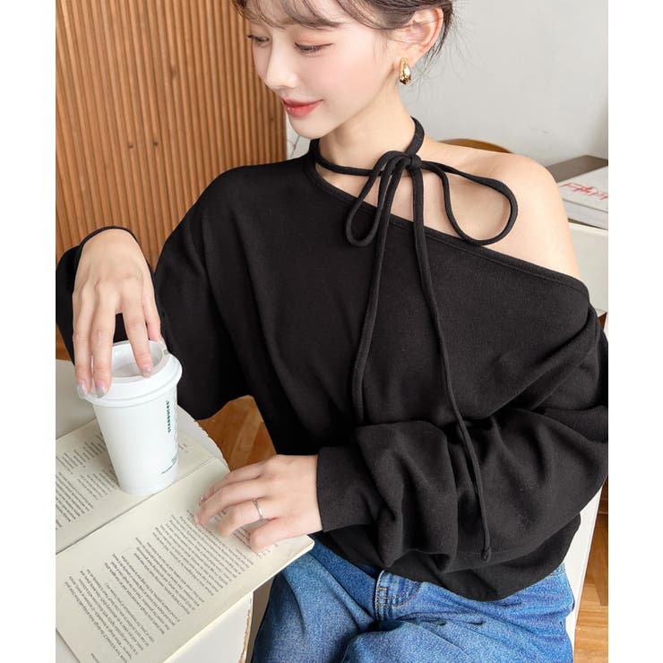 ストラップチョーカーネックリボンアシメワンショルダーニットプルオーバー | moment+ | 詳細画像5 