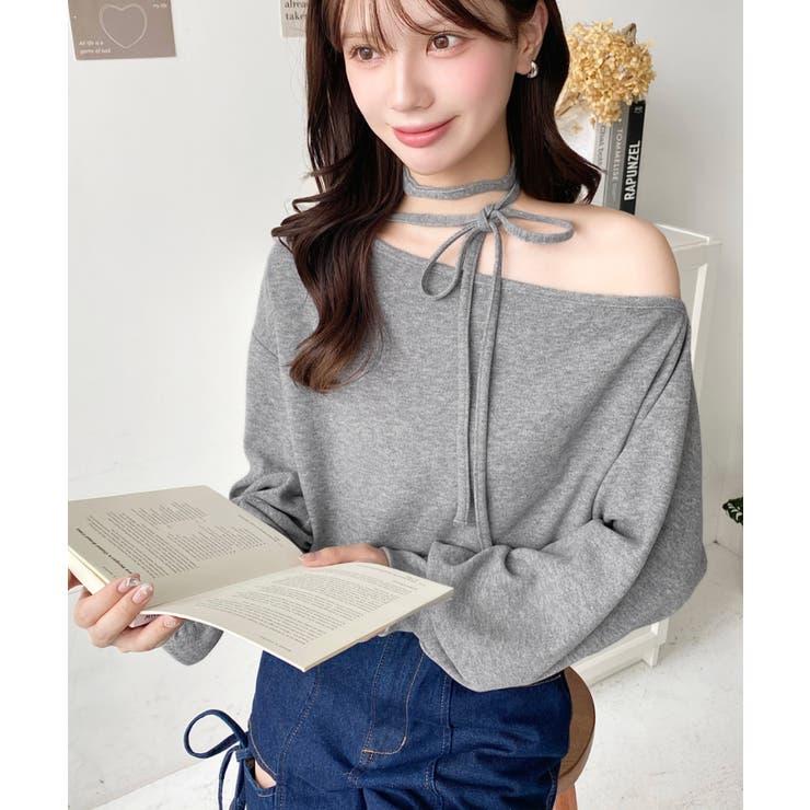 ストラップチョーカーネックリボンアシメワンショルダーニットプルオーバー | moment+ | 詳細画像6 