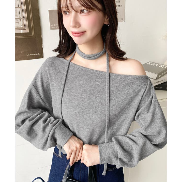 ストラップチョーカーネックリボンアシメワンショルダーニットプルオーバー | moment+ | 詳細画像7 