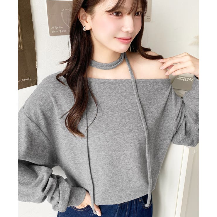 ストラップチョーカーネックリボンアシメワンショルダーニットプルオーバー | moment+ | 詳細画像8 