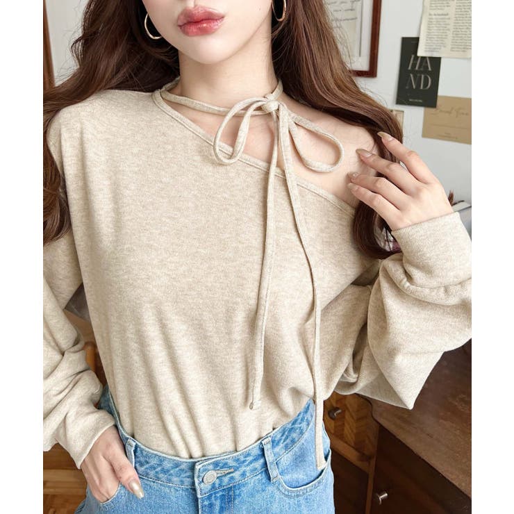 ストラップチョーカーネックリボンアシメワンショルダーニットプルオーバー | moment+ | 詳細画像9 