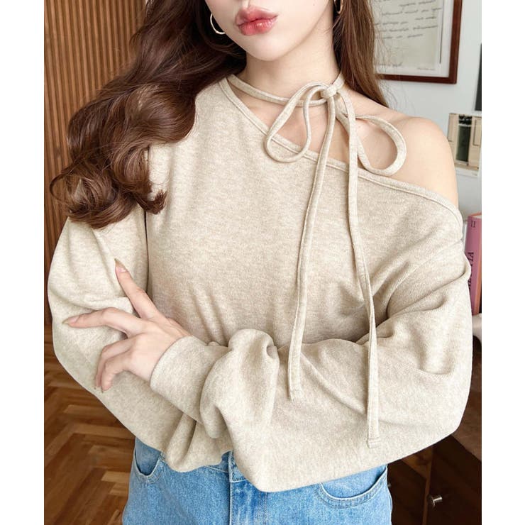 ベージュ | ストラップチョーカーネックリボンアシメワンショルダーニットプルオーバー | moment+