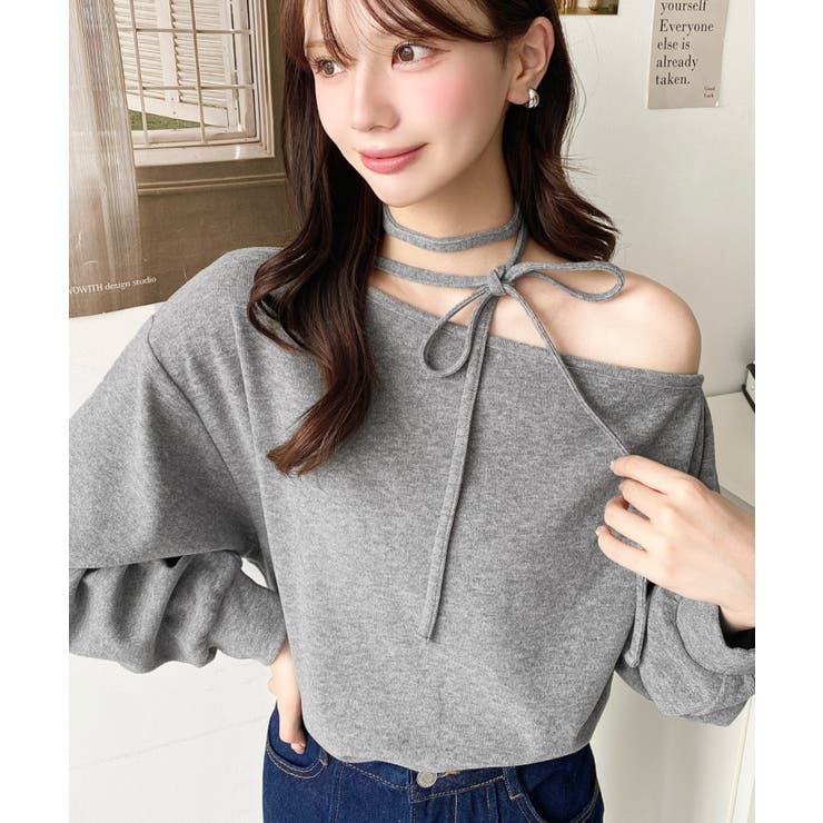 グレー | ストラップチョーカーネックリボンアシメワンショルダーニットプルオーバー | moment+