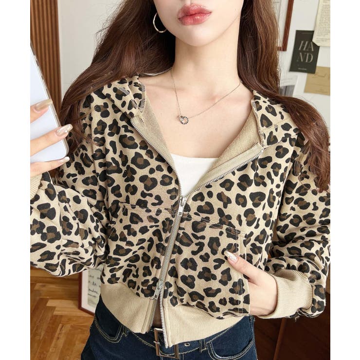 ブラウン | ダブルジップレオパードショートパーカー | moment+