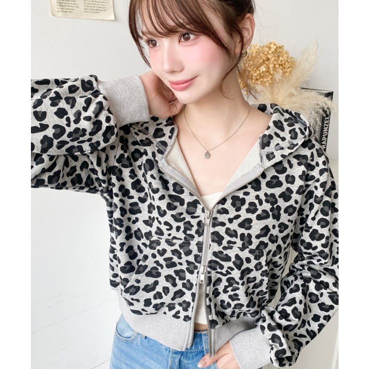 グレー | ダブルジップレオパードショートパーカー | moment+