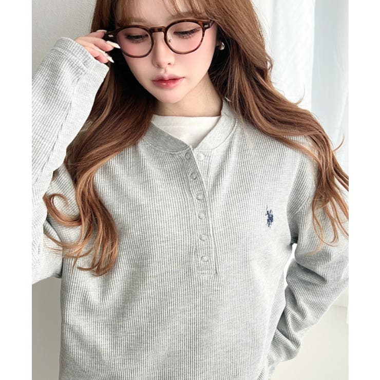 杢グレー | U.S.POLO ASSNワンポイント刺繍ワッフルヘンリーネックプルオーバー | moment+