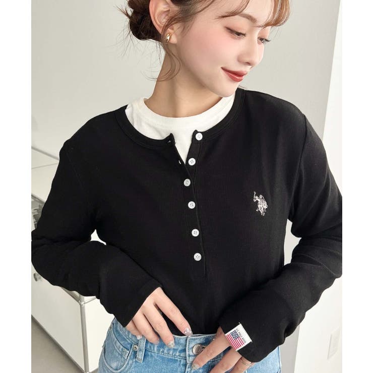 ブラック | U.S.POLO ASSNワンポイント刺繍リブヘンリーネックプルオーバー | moment+