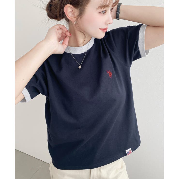 ネイビー | U.S.POLO ASSN.ワンポイント刺繍リンガー半袖Tシャツ | moment+