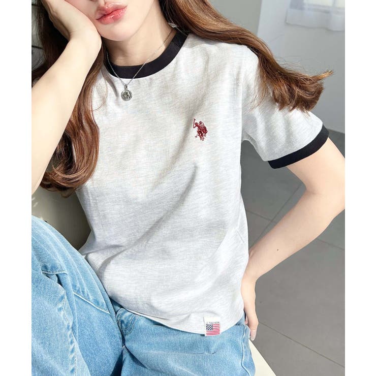 オートミール | U.S.POLO ASSN.ワンポイント刺繍リンガー半袖Tシャツ | moment+