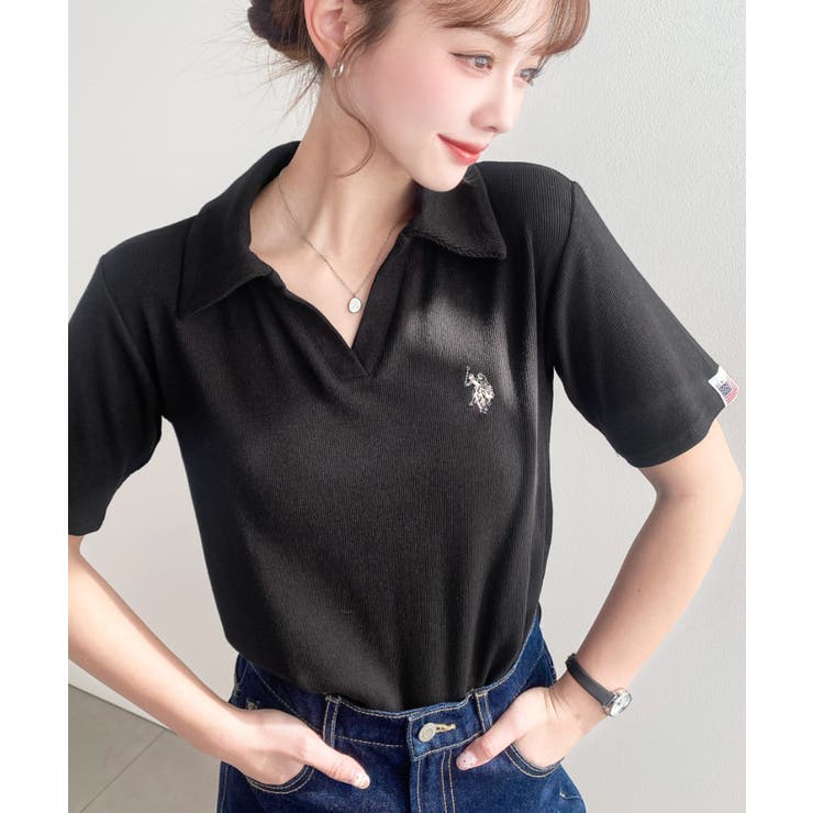 ブラック | U.S.POLO ASSN.ワンポイント刺繍スキッパー衿半袖カットソー | moment+