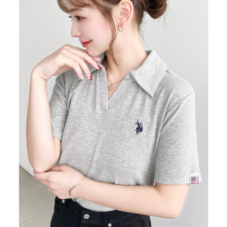 杢グレー | U.S.POLO ASSN.ワンポイント刺繍スキッパー衿半袖カットソー | moment+