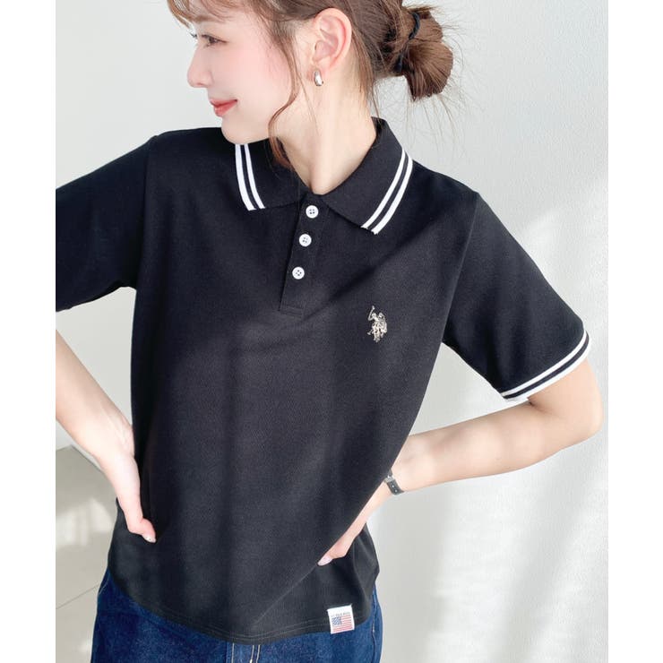 ブラック | U.S.POLO ASSN.ワンポイント刺繍配色ラインリブ半袖ポロシャツ | moment+