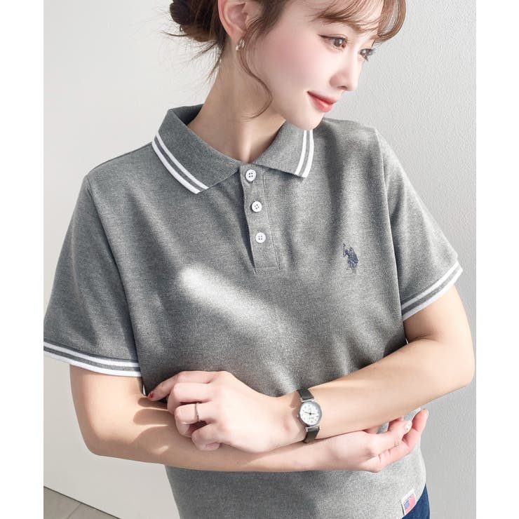 杢グレー | U.S.POLO ASSN.ワンポイント刺繍配色ラインリブ半袖ポロシャツ | moment+