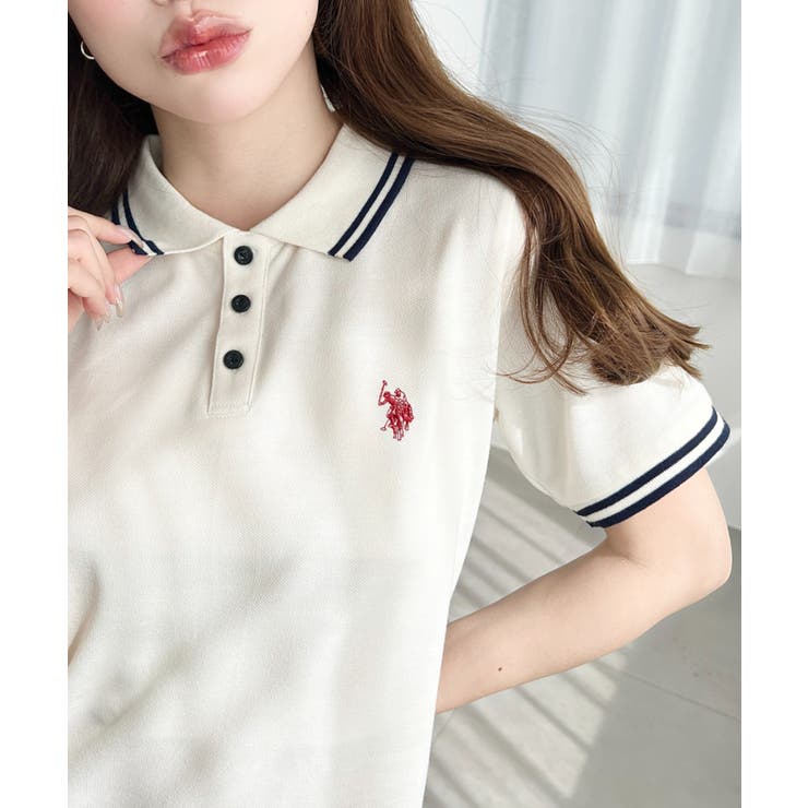 アイボリー | U.S.POLO ASSN.ワンポイント刺繍配色ラインリブ半袖ポロシャツ | moment+