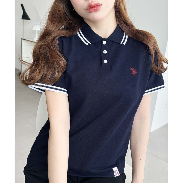 ネイビー | U.S.POLO ASSN.ワンポイント刺繍配色ラインリブ半袖ポロシャツ | moment+