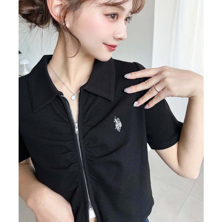 ブラック | U.S.POLO ASSN.ワンポイント刺繍Wジップギャザーえり付きカーデ | moment+