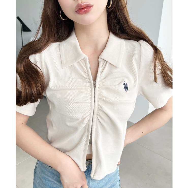 アイボリー | U.S.POLO ASSN.ワンポイント刺繍Wジップギャザーえり付きカーデ | moment+