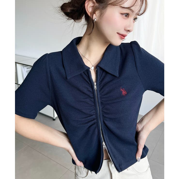 ネイビー | U.S.POLO ASSN.ワンポイント刺繍Wジップギャザーえり付きカーデ | moment+