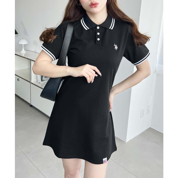 ブラック | U.S.POLO ASSN.ワンポイント刺繍配色ライン半袖リブポロシャツワンピ | moment+
